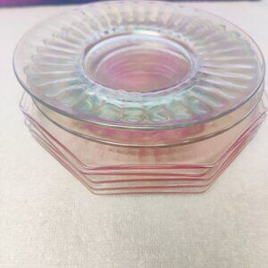 1920's Pink Glass Octagon Plates Set of 5/ And 2 Round Rainbow Saucers-7 pieces